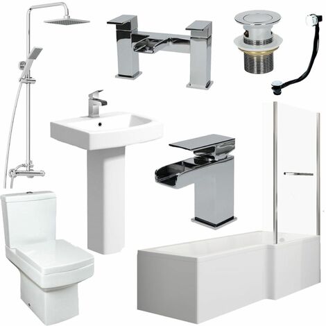 Complete Bathroom Suite 1600 L Shape Bath RH Screen & Rail Basin WC Taps Shower