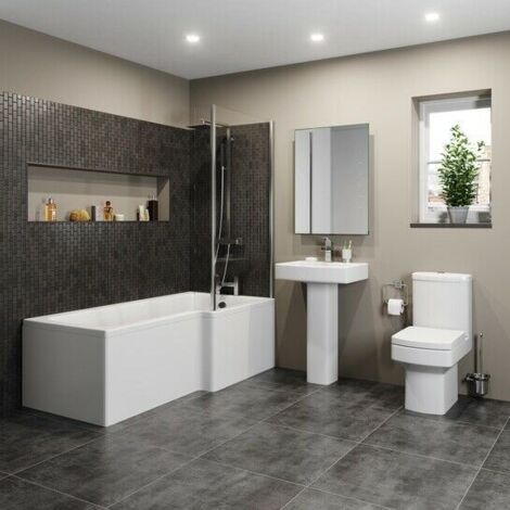 Modern Bathroom Suite 1600mm RH L Shaped Bath Screen Toilet Basin & Pedestal (1/5)