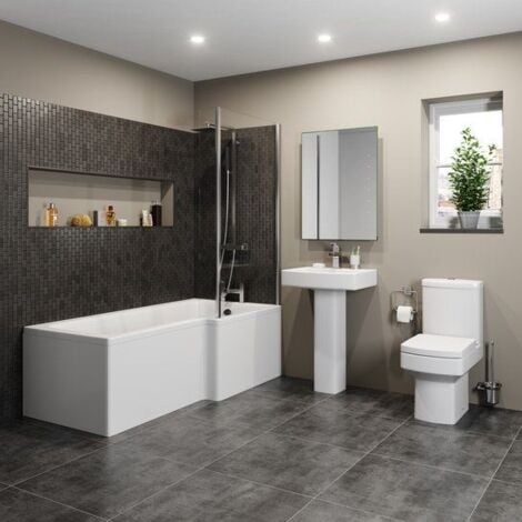 Complete Bathroom Suite 1500 L Shape Bath RH Screen Basin Toilet Taps Shower