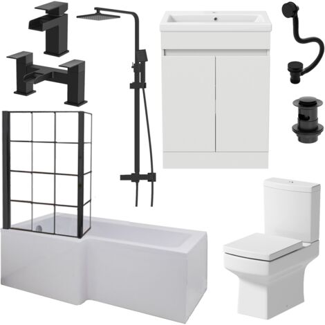 Aquari Complete Bathroom Suite Black LH Shower Bath Screen Basin Vanity Toilet 1700 (1/5)