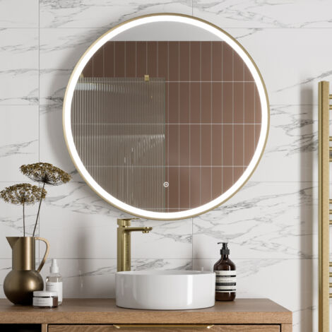 Aquari Round LED Mirror Illuminated Touch Bathroom Demister Mains Brushed Brass 800mm