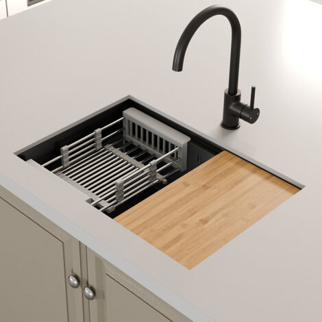ArtiKitch Black Kitchen Sink 1 Bowl Undermount Stainless Steel Drainer Chopping & Waste (1/5)