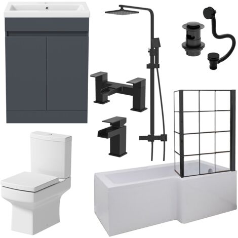 Aquari Complete Bathroom Suite Black RH Shower Bath Screen Vanity Basin Toilet 1700mm (1/5)