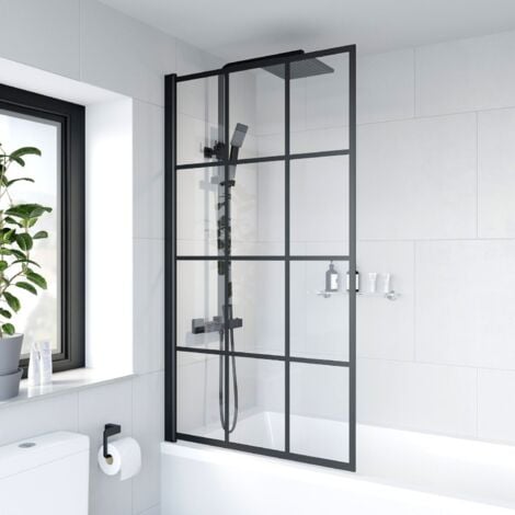 Aquari Bath Shower Screen Black Grid Square Door Hinged 800mm Framed Safety Glass Panel