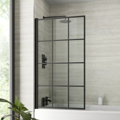 Aquari Bath Shower Screen Black Grid Square Door Hinged 800mm Framed Safety Glass Panel