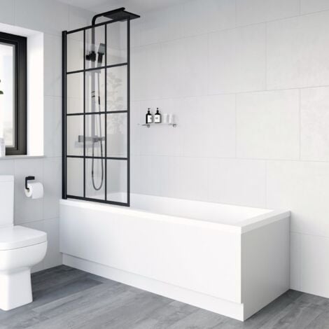 Aquari Bath Shower Screen Black Grid Square Door Hinged 800mm Framed Safety Glass Panel