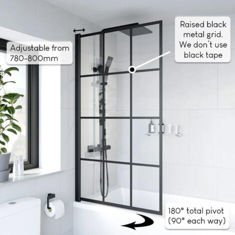 Aquari Bath Shower Screen Black Grid Square Door Hinged 800mm Framed Safety Glass Panel