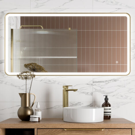 Aquari Large Rectangular LED Mirror Touch Bathroom Demister Brushed Brass 1200x600mm (1/4)