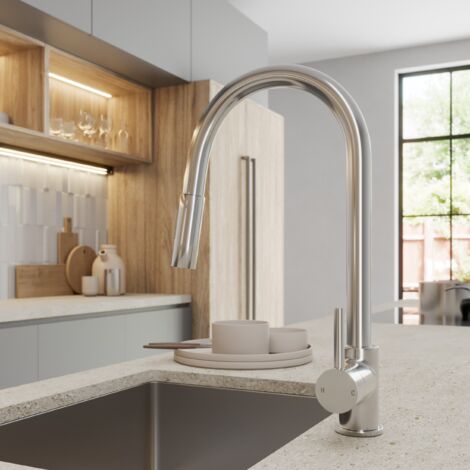 ArtiKitch Chrome Pull Out Kitchen Mixer Tap Dual Spray Swivel Spout Single Lever Brass