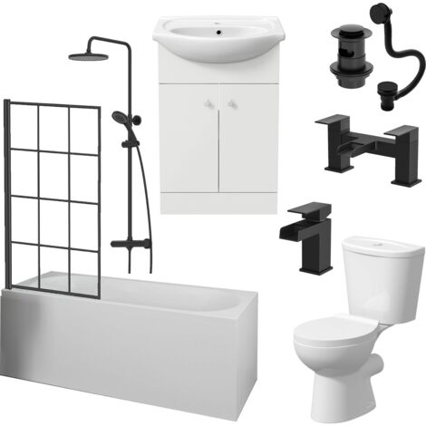 Aquari Complete Bathroom Suite Black Bath Shower Screen Basin Vanity Taps Toilet 1700 (1/5)