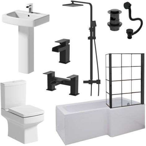 Aquari Complete Bathroom Suite Black RH Shower Bath Screen Basin Pedestal Toilet 1700mm (1/5)