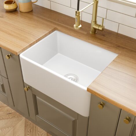ArtiKitch Belfast Kitchen Sink White Ceramic Deep Large Single Bowl Basket Strainer Waste