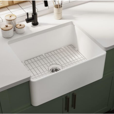 ArtiKitch Belfast Kitchen Sink White Ceramic Deep Large Single Bowl Basket Strainer Waste