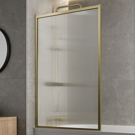Aquari Brushed Brass Over Bath Shower Screen Fluted Glass Square Frame Reversible 800mm (1/4)
