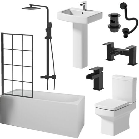 Aquari Complete Bathroom Suite Black Bath Shower Screen Basin Pedestal Toilet Taps 1700 (1/5)