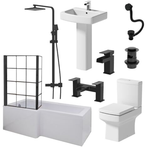 Aquari Complete Bathroom Suite Black LH Shower Bath Screen Basin Pedestal Toilet 1700mm (1/5)