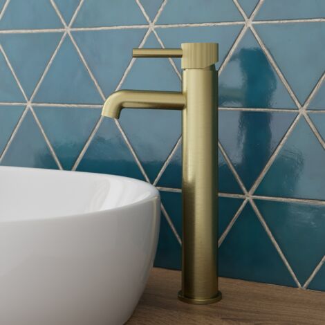 Aquari Countertop Tall Basin Sink Mixer Tap Bathroom Single Lever Fluted Brushed Brass (1/4)