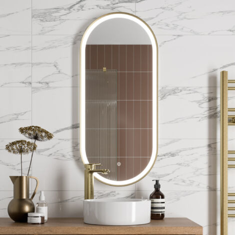 Aquari Oval LED Mirror Touch Designer Bathroom Demister Mains Brushed Brass 450x1000mm