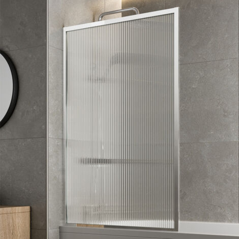 Aquari Over Bath Shower Screen Fluted Reversible Safety Glass Square Frame 800mm Chrome