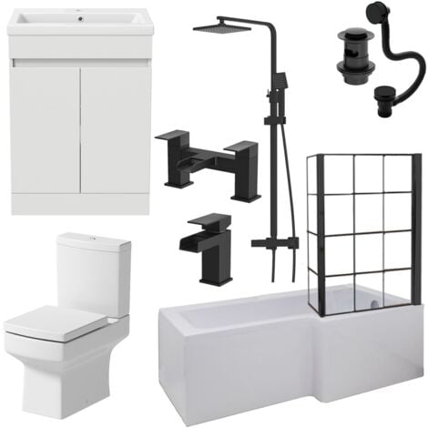 Aquari Complete Bathroom Suite Black RH Shower Bath Screen Basin Vanity Toilet 1700mm