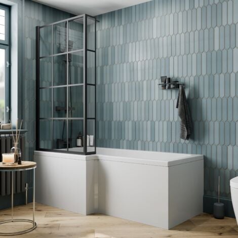 Aquari Complete Bathroom Suite Black RH Shower Bath Screen Basin Vanity Toilet 1700mm