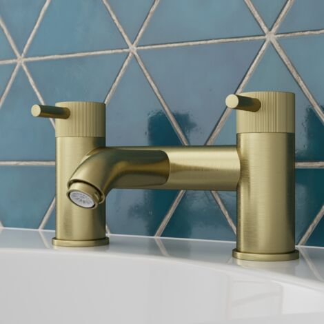 Aquari Brushed Brass Bath Mixer Tap Bathroom Filler Round Twin Lever Modern Gold Fluted (1/4)