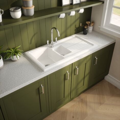 Reginox Traditional White Ceramic 1.5 Bowl Kitchen Sink with Drainer and Waste - RL 301 CW II