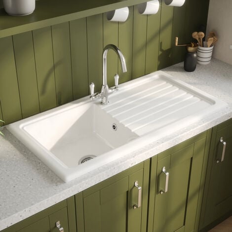 Reginox Traditional White Ceramic Single Bowl Kitchen Sink with Drainer and Waste - RL 304 CW II