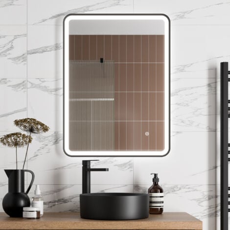 Aquari Rectangular LED Mirror Touch Bathroom Demister Mains Matt Black ...