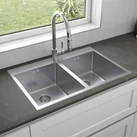 ArtiKitch Double 2 Bowl Kitchen Sink Rectangular Stainless Steel Deep Inset Strainer Waste