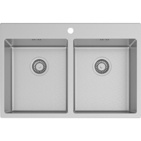 ArtiKitch Double 2 Bowl Kitchen Sink Rectangular Stainless Steel Deep Inset Strainer Waste