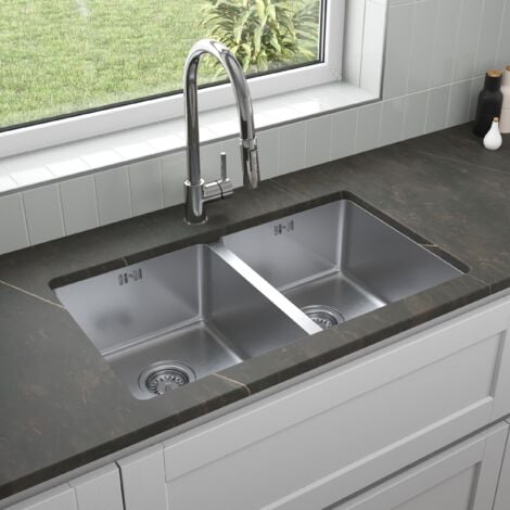 ArtiKitch Stainless Steel Kitchen Sink 2 Double Bowl Inset Undermount Strainer Waste 750mm