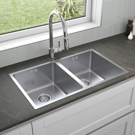 ArtiKitch Stainless Steel Kitchen Sink 2 Double Bowl Inset Undermount Strainer Waste 750mm