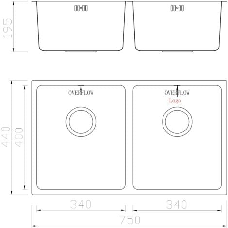 ArtiKitch Stainless Steel Kitchen Sink 2 Double Bowl Inset Undermount Strainer Waste 750mm