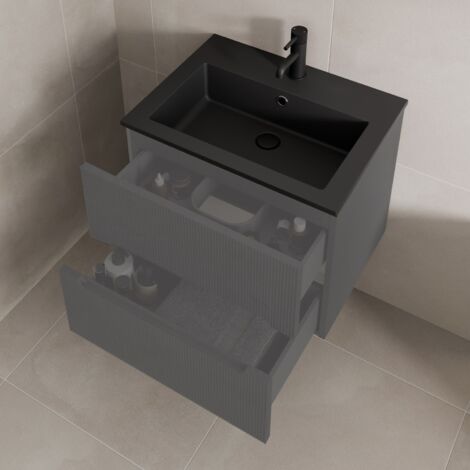 610 x 460mm Bathroom Recessed Basin Sink Modern 1 Tap Hole Black Stone Resin