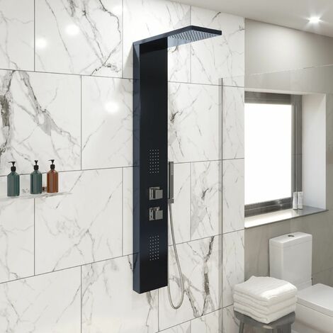 Thermostatic Bathroom Shower Panel Column Tower Twin Head Body Jets in Black