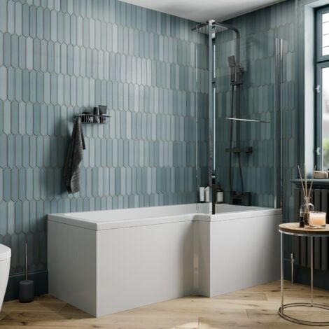 1500mm L Shaped RH Shower Bath Bathtub Screen Front Side Panel Acrylic Bathroom - White