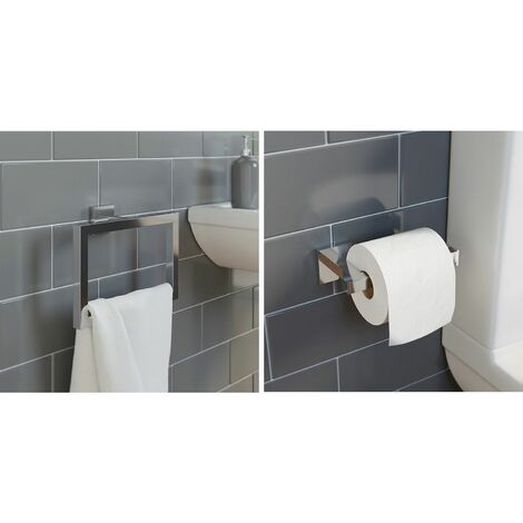 Bathroom Accessories Set Towel Ring Toilet Roll Holder Chrome Square Wall Mount