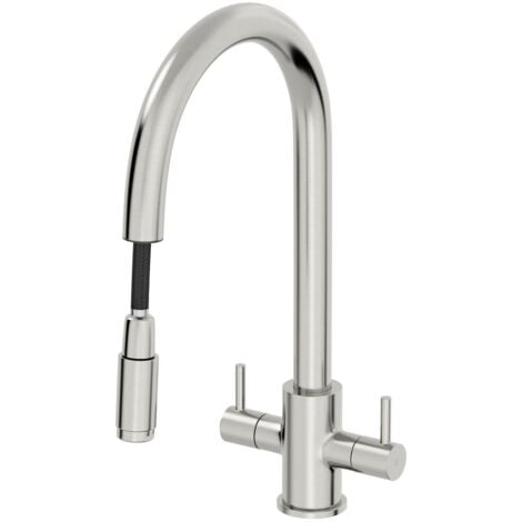 Kitchen Tap Dual Twin Lever Modern Mono Sink Mixer Hot Cold Faucet - Pull Out Spout Brushed Nickel Finish