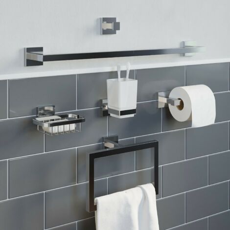 New Chrome Square Bathroom Toilet Roll Holder Towel Ring Set Fittings Included 