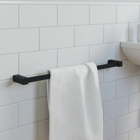 Bathroom WC Towel Rail 600mm Black Square Wall Mounted Stylish Modern