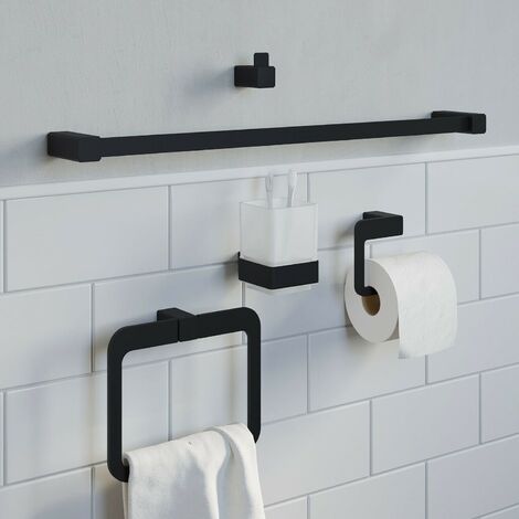 Bathroom WC Set Towel Ring Toilet Roll Holder Black Square Wall Mounted Stylish