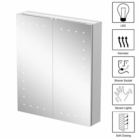 Bathroom Mirror Cabinet LED Illuminated Wall Mounted Mains Power IP44 600x700mm