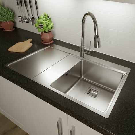 Sauber Single Bowl Square Inset Stainless Steel Kitchen Sink Left Hand Drainer - Silver