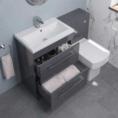 600mm Bathroom Drawer Vanity Unit Basin Toilet WC Concealed Cistern Gloss Grey