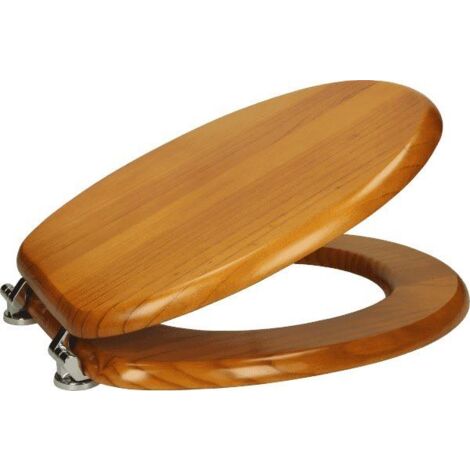 Traditional Bathroom WC Wooden Round Toilet Seat Chrome Hinges Fittings Wood (1/5)
