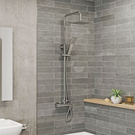 Thermostatic Mixer Shower Set Square Chrome Twin Head Exposed