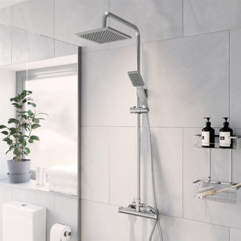 Thermostatic Mixer Shower Set Square Chrome Twin Head Exposed