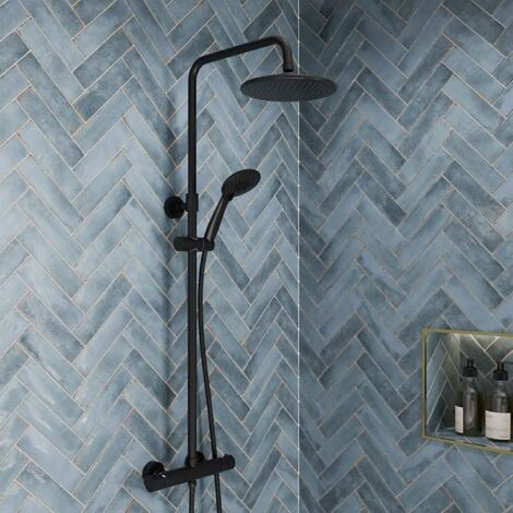 Bathroom Thermostatic Mixer Shower Set Round Matte Black Twin Head Exposed Valve