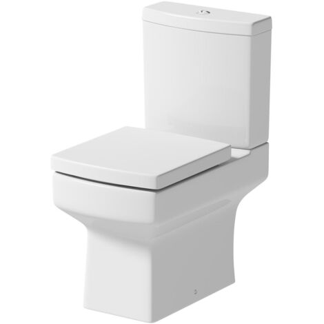 Close Coupled Bathroom Toilet White Ceramic WC 360mm Square Space Saving Pan with Soft Close Seat
